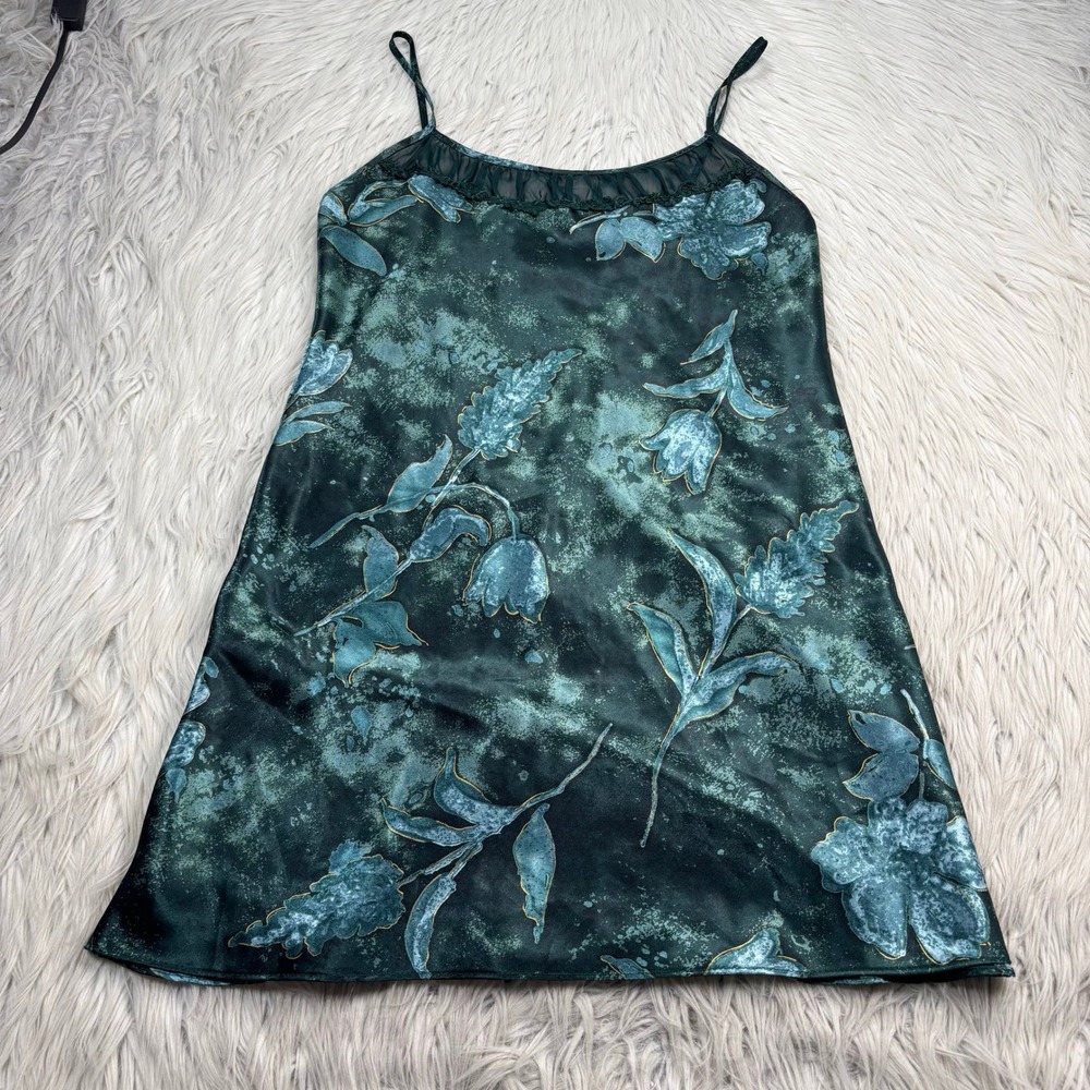 Vintage California Dynasty Women's S Green Floral Satin Mini Slip Dress Coquette